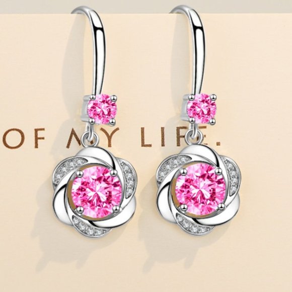 Jewelry - 925 Sterling Silver pink Crystal Zircon Clover Flower Earrings for Woman, J691